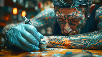 Side view of a tattoo artist using a tattoo machine to add a new design to a client's leg, with focus on the detailed art.