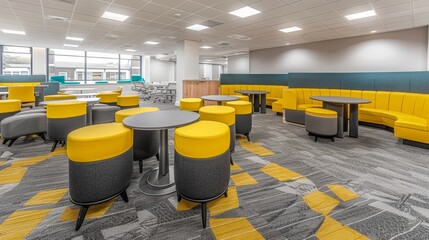 A spacious modern office common area with vibrant yellow and gray furniture, seating arrangements, and natural light streaming through large windows