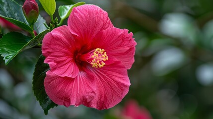 Obraz premium A vibrant close-up of a single pink hibiscus flower with rich texture and details, showcasing the stunning natural beauty of its vivid petals and intricate stamen