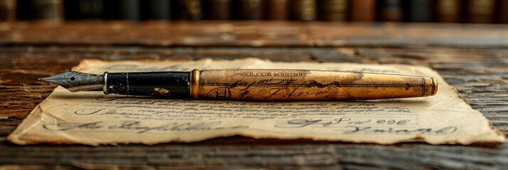 A detailed image of an antique fountain pen placed on an aged handwritten document, set against a backdrop of vintage books and a wooden table surface