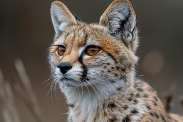 Obraz premium Close-up photograph of a captivating serval cat in natural habitat, showcasing its distinctively spotted fur, large ears, and mesmerizing golden eyes