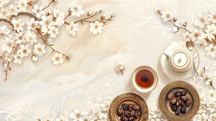 about Ramadan Kareem greeting card, invitation. Ornamental tea, coffee cup, bronze plate with dates fruit, white blooming prunus tree branch on white table. Iftar dinner. Eid ul Adha banner background