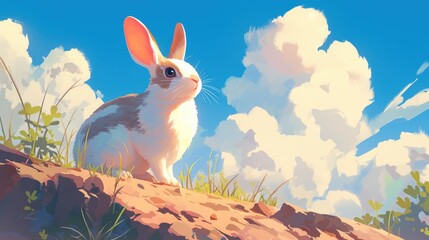 A charming 2d illustration featuring a solitary rabbit in a cartoon style