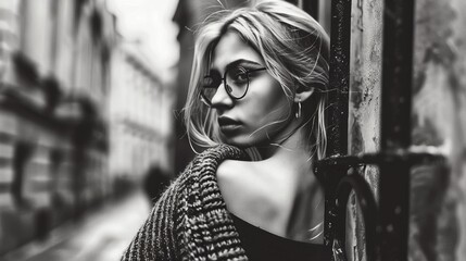 Young woman with glasses and a knit sweater gazing back in an urban alleyway, evoking a sense of contemplation and mystery in black and white photography