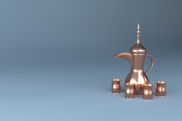 Arabic teapot set, on a light blue background, 3d render