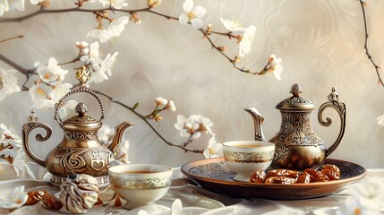 about Ramadan Kareem greeting card, invitation. Ornamental tea, coffee cup, bronze plate with dates fruit, white blooming prunus tree branch on white table. Iftar dinner. Eid ul Adha banner background