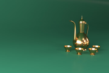 Arabic teapot set, on a green background, 3d render