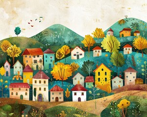 Design a captivating illustration depicting a side view of a vibrant village showcasing the evolution of language over centuries Incorporate elements symbolizing cultural growth and isolation