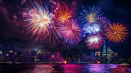 A breathtaking display of colorful fireworks illuminating the night sky over a vibrant city skyline, celebrating a festive event.