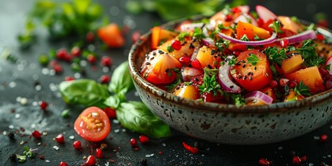 A vibrant close-up image of a fresh tomato salad bursting with red onions, herbs, and pomegranate seeds, skillfully seasoned and served in a rustic bowl on a dark textured backdrop - Powered by Adobe