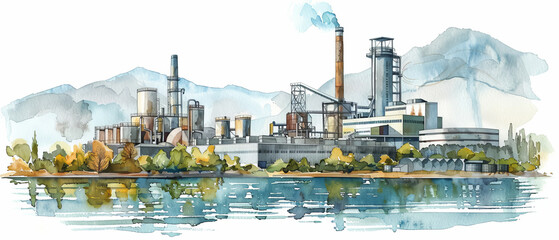 Industrial Facility with Smoke Stacks and Mountain Background