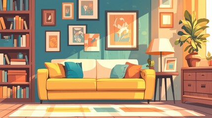 Fototapeta premium A cozy living space complete with a comfortable sofa a stylish bookcase and a captivating picture adorning the walls is beautifully depicted in this flat style 2d illustration of a living r