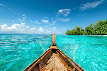 Obraz premium Wooden boat sailing through turquoise waters towards a lush tropical island