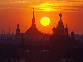 The sun is setting over a city with many tall buildings. The sky is orange and the sun is low in the sky