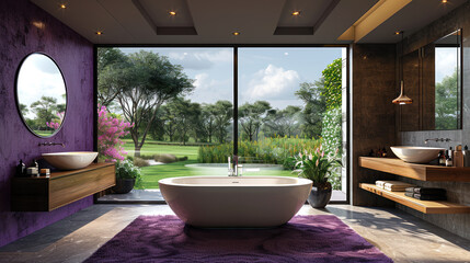 Fototapeta premium Minimalist contemporary bathroom of a villa hotel by grassland in purple theme