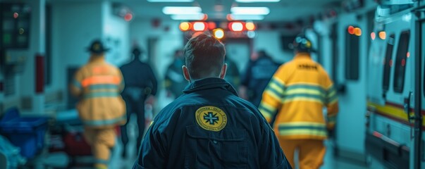 Emergency personnel, including paramedics and firefighters, in a hospital corridor during a critical response situation.