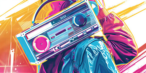 Music (Boombox): A figure carrying a boombox on their shoulder, symbolizing the music culture of the 1980s