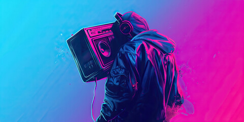 Music (Boombox): A figure carrying a boombox on their shoulder, symbolizing the music culture of the 1980s