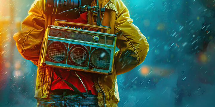 Music (Boombox): A figure carrying a boombox on their shoulder, symbolizing the music culture of the 1980s