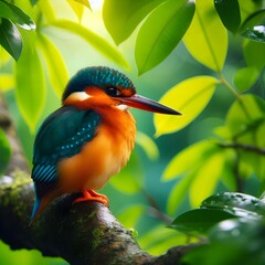 Obraz premium red billed hornbill, kingfisher, A beautiful kingfisher sitting on the branch of lush green tree
