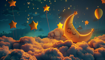 Cheerful Moon, Twinkling Stars, And Vibrant Balloons In The Night Sky: Good Night And Sleep Tight Theme, 3d Rendering Image.