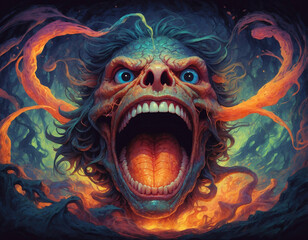 A Fearful Surreal Illustration of a Giant Scary Scaly Face, AI Generative 