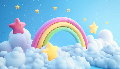 3d Rendering Picture Of A Cartoon Rainbow, Clouds, And Stars - Vibrant And Playful Illustration With A Whimsical Touch.