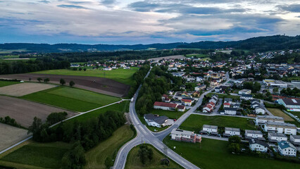 Sunset Haag am Hausruck Austria, aerial dron view, not AI