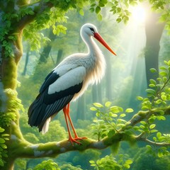 white stork ciconia, A beautiful stork  sitting on the branch of lush green tree