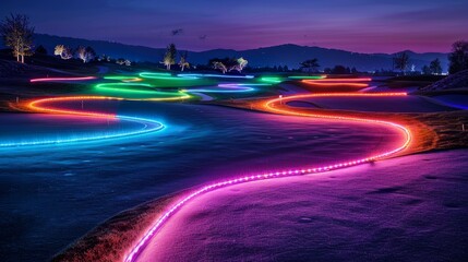 Golf Courses Nighttime Glow: A photo capturing the nighttime glow of empty golf courses