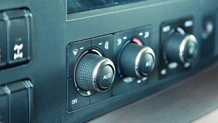Close up of dashboard of an old car. Scene. Interior details of a retro vehicle.