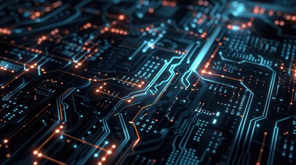 Fototapeta premium Semiconductor chip circuit line connection on motherboard. Modern technology AI processor background wallpaper. 