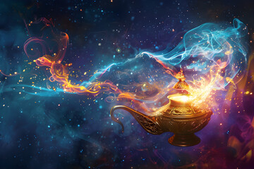 Mystical Genie Emerging from an Ancient Lamp Under a Starry Night – Enchanting Digital Illustration