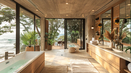 Fototapeta premium Minimalist contemporary bathroom of a villa hotel by beach in brown theme