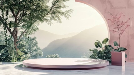 A pink and white stage with a tree in the background