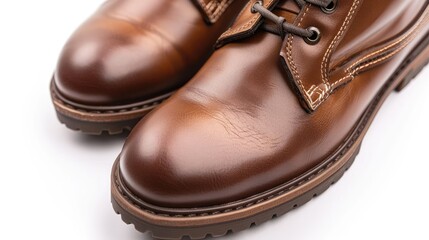Close up image of men s leather shoes with laces on a white background