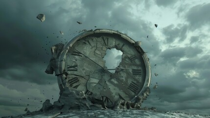 Broken clock representing decay with a gloomy, cloudy sky behind it, clear and isolated
