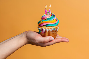 A hand holding a celebration birthday cake