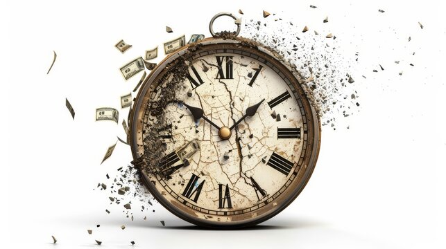 Broken clock reflecting financial decline with a downward graph in the background, isolated, clean white background