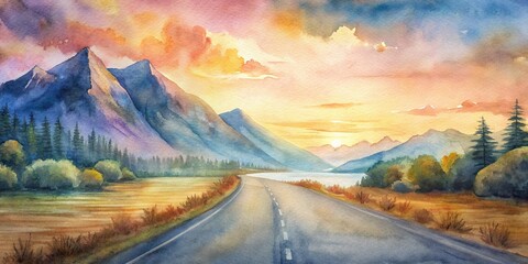 Scenic road leading to mountains and lakes at sunset in watercolor