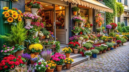 A charming local florist's shop with colorful blooms on the sidewalk