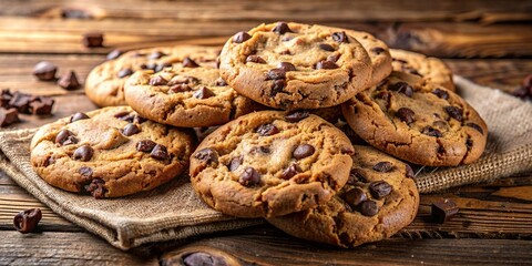 Close-up of freshly baked chocolate chip cookies on a rustic wooden table