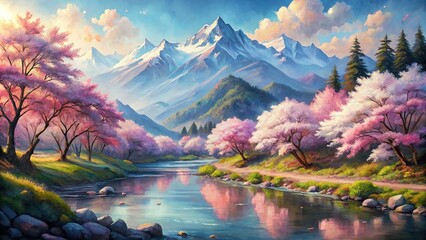 Scenic watercolor painting of mountains, a river, and cherry blossom trees