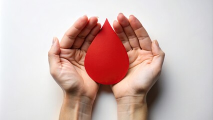 Red paper cut in shape of blood drop held by hands on white background