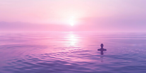 The Soothing Serenity: A person gracefully floating in soft, calming lavender water, radiating...