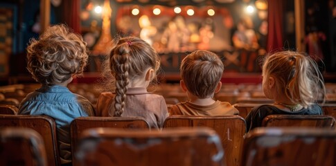 Fototapeta premium On Children's Day, children watch a puppet show in a theater, sitting in the seats facing away from them. The show has a concept aimed at children.