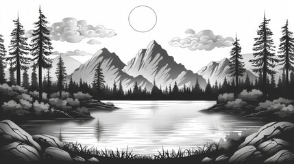 minimalist mountain scene, simple black and white artwork of a peaceful mountain scene with pine trees and a lake, minimalist nature sketch