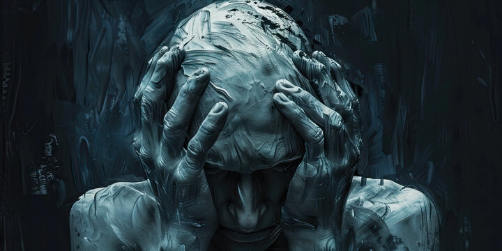 The Overwhelming Cloud of Uncertainty: A silhouette of a person, hands held tightly to their head, seemingly consumed by an ominous, foreboding sense of unease and apprehension