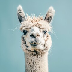 Fototapeta premium Alpaca portrait with blue background, beauty of travel and nature in closeup image