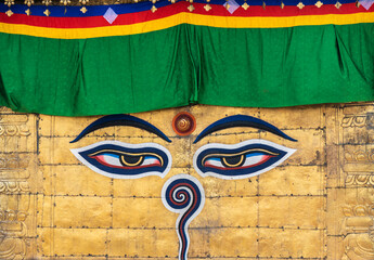 Close up of the wisdom eyes on Swayambhunath stupa in Kathmandu, Nepal. These eyes of Wisdom...